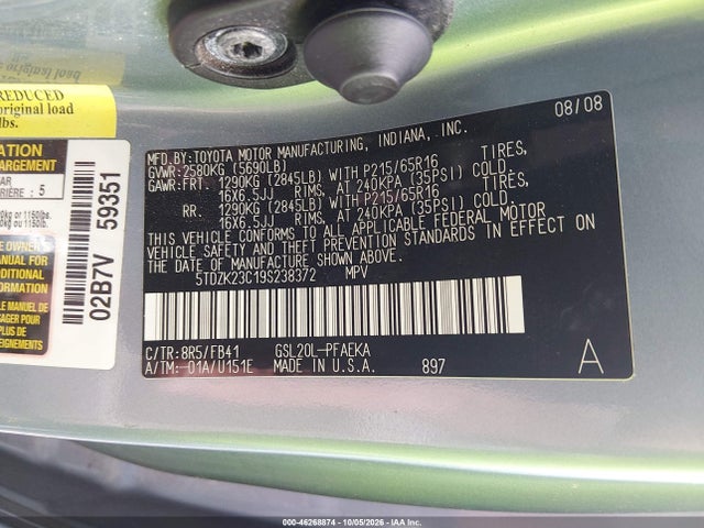 Aukcja sprzedaży 2009 Toyota Sienna Ce, vin: 5TDZK23C19S238372, numer aukcji: 46268874