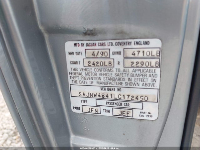 Продаж на аукціоні авто 1990 Jaguar Xjs, vin: SAJNW4841LC172450, номер лоту: 46268903
