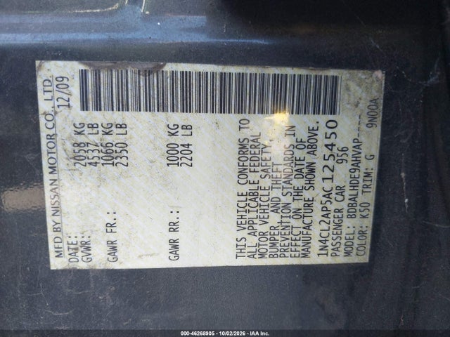 46268905 :رقم المزاد ، 1N4CL2AP5AC125450 vin ، 2010 Nissan Altima Hybrid مزاد بيع
