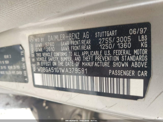 Aukcja sprzedaży 1998 Mercedes-benz S 500, vin: WDBGA51G1WA379581, numer aukcji: 46268919