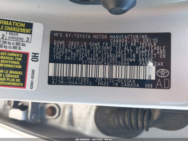 Aukcja sprzedaży 2016 Toyota Corolla S Plus, vin: 2T1BURHE4GC522664, numer aukcji: 46268929