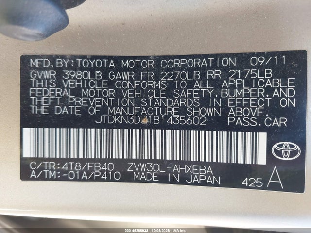 46268938 :رقم المزاد ، JTDKN3DU1B1435602 vin ، 2011 Toyota Prius Two مزاد بيع