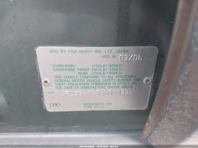 2006 Subaru Forester 2.5x L.l. Bean Edition მანქანა იყიდება აუქციონზე, vin: JF1SG67676H759326, აუქციონის ნომერი: 46268958