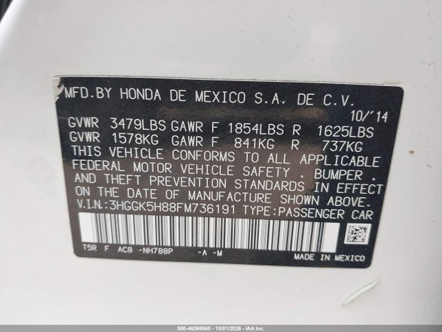 46268960 :رقم المزاد ، 3HGGK5H88FM736191 vin ، 2015 Honda Fit Ex/ex-l مزاد بيع