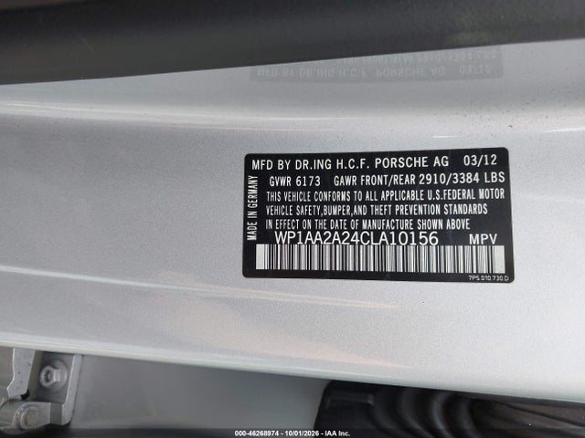 46268974 :رقم المزاد ، WP1AA2A24CLA10156 vin ، 2012 Porsche Cayenne مزاد بيع