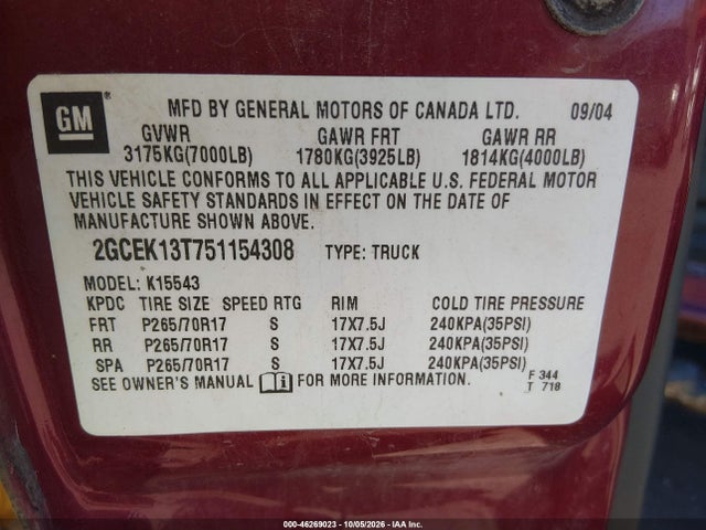 46269023 :رقم المزاد ، 2GCEK13T751154308 vin ، 2005 Chevrolet Silverado 1500 Ls مزاد بيع