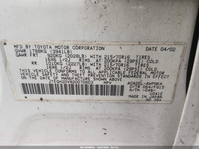 46269042 :رقم المزاد ، JTEGH20V820070603 vin ، 2002 Toyota Rav4 مزاد بيع