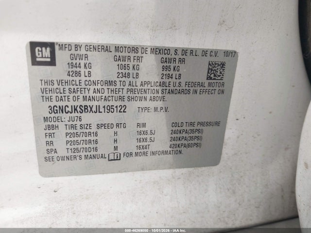 Aukcja sprzedaży 2018 Chevrolet Trax Ls, vin: 3GNCJKSBXJL195122, numer aukcji: 46269050