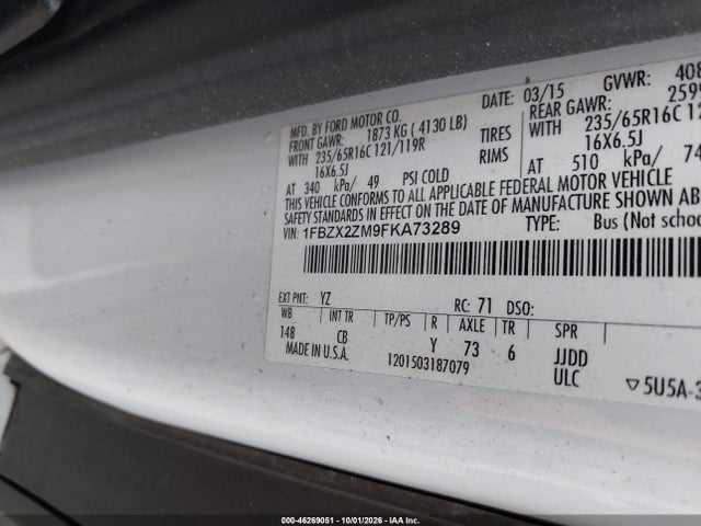 Продаж на аукціоні авто 2015 Ford Transit-350 Xlt, vin: 1FBZX2ZM9FKA73289, номер лоту: 46269051