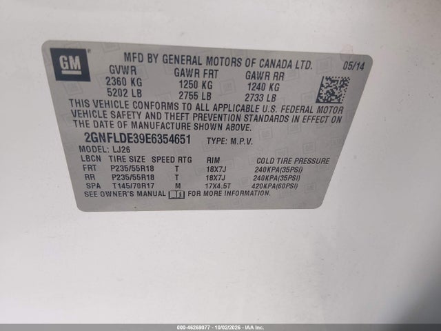 2014 Chevrolet Equinox Ltz მანქანა იყიდება აუქციონზე, vin: 2GNFLDE39E6354651, აუქციონის ნომერი: 46269077