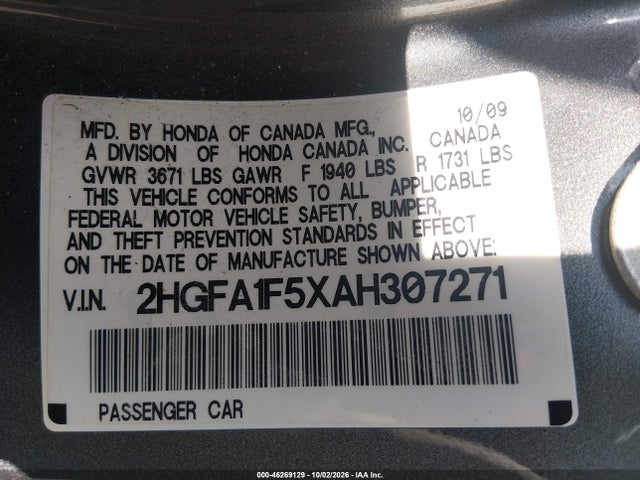 46269129 :رقم المزاد ، 2HGFA1F5XAH307271 vin ، 2010 Honda Civic Lx مزاد بيع