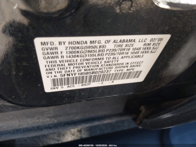 2005 Honda Pilot Ex-l მანქანა იყიდება აუქციონზე, vin: 5FNYF18585B020237, აუქციონის ნომერი: 46269159