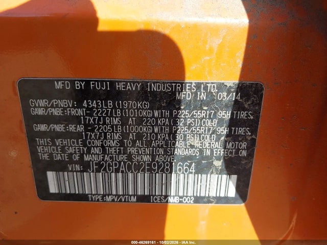 Продаж на аукціоні авто 2014 Subaru Xv Crosstrek 2.0i Premium, vin: JF2GPACC2E9281664, номер лоту: 46269161