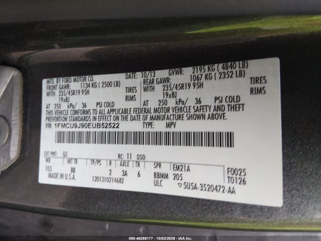 46269177 :رقم المزاد ، 1FMCU9J90EUB52522 vin ، 2014 Ford Escape Titanium مزاد بيع