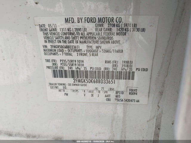 Продаж на аукціоні авто 2011 Ford Flex Limited, vin: 2FMGK5DC6BBD33651, номер лоту: 46269218