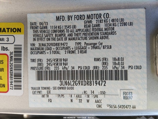 Продажа на аукционе авто 2013 Lincoln Mkz, vin: 3LN6L2G9XDR819472, номер лота: 46269239