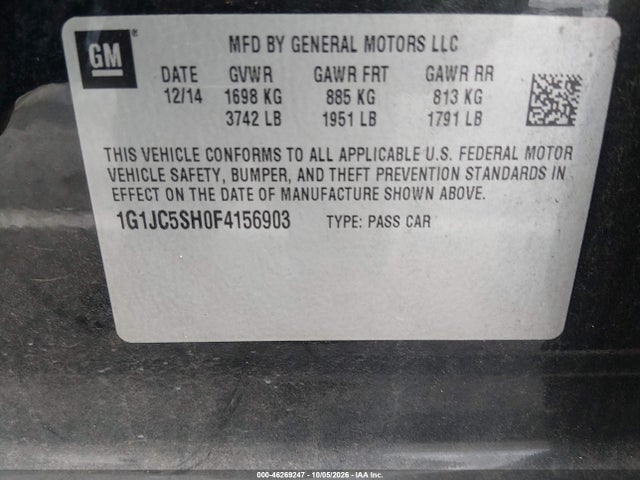 Aukcja sprzedaży 2015 Chevrolet Sonic Lt Auto, vin: 1G1JC5SH0F4156903, numer aukcji: 46269247