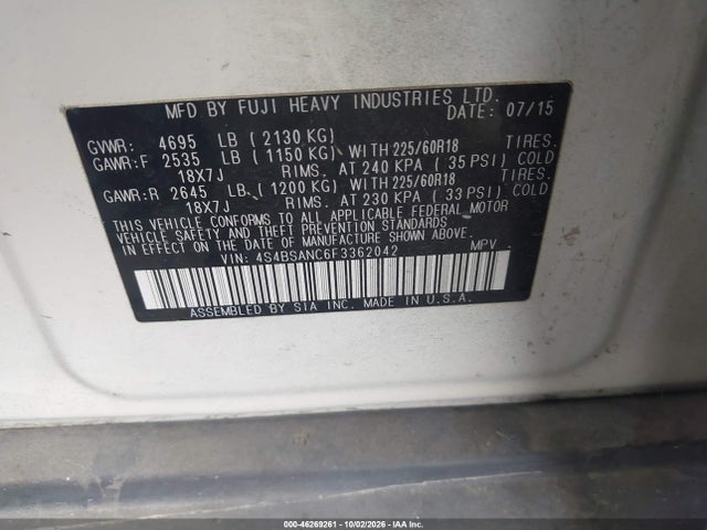 46269261 :رقم المزاد ، 4S4BSANC6F3362042 vin ، 2015 Subaru Outback 2.5i Limited مزاد بيع
