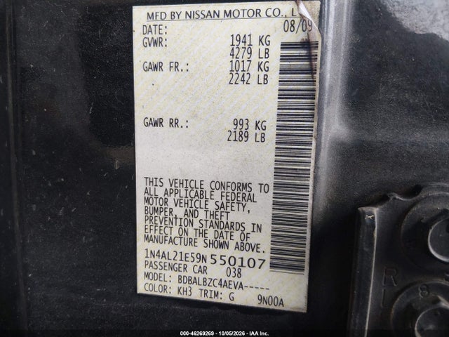 2009 Nissan Altima 2.5 S მანქანა იყიდება აუქციონზე, vin: 1N4AL21E59N550107, აუქციონის ნომერი: 46269269