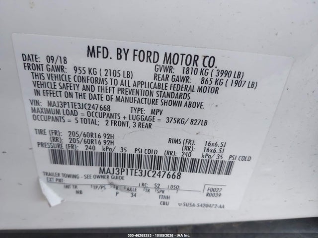Aukcja sprzedaży 2018 Ford Ecosport Se, vin: MAJ3P1TE3JC247668, numer aukcji: 46269283