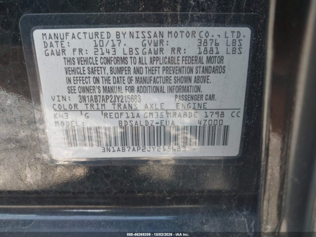 Продажа на аукционе авто 2018 Nissan Sentra Sv, vin: 3N1AB7AP2JY215683, номер лота: 46269289