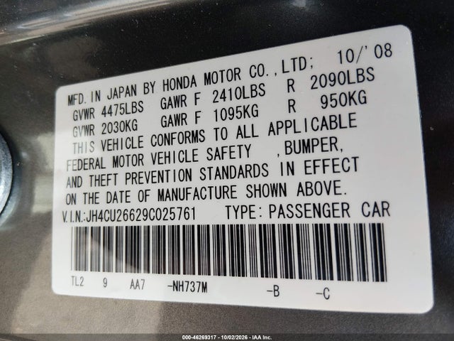 Auction sale of the 2009 Acura Tsx, vin: JH4CU26629C025761, lot number: 46269317