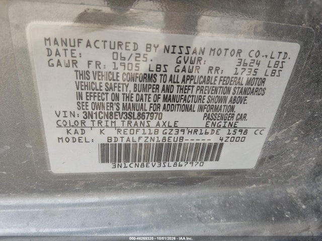Продажа на аукционе авто 2025 Nissan Versa 1.6 Sv, vin: 3N1CN8EV3SL867970, номер лота: 46269320