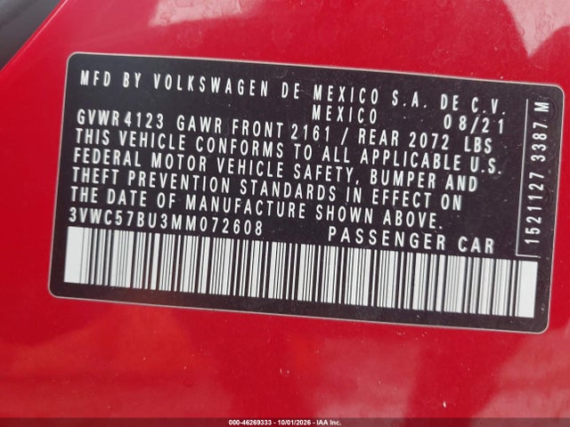 3VWC57BU3MM072608 Volkswagen Jetta 1.4t R-line/1.4t S/1.4t Se