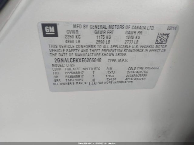 46269342 :رقم المزاد ، 2GNALCEKXE6266848 vin ، 2014 Chevrolet Equinox 2lt مزاد بيع