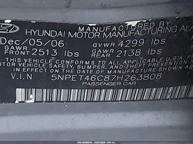 Продажа на аукционе авто 2007 Hyundai Sonata Gls, vin: 5NPET46C87H263808, номер лота: 46269354