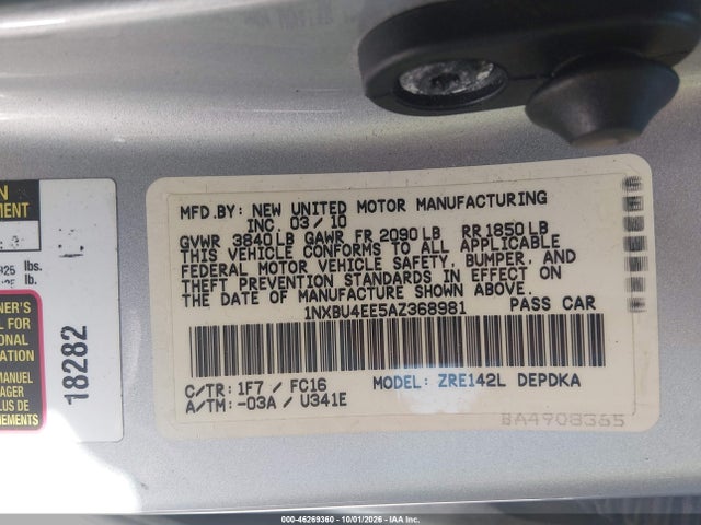 Aukcja sprzedaży 2010 Toyota Corolla Le, vin: 1NXBU4EE5AZ368981, numer aukcji: 46269360