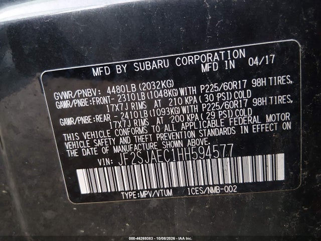 Продаж на аукціоні авто 2017 Subaru Forester 2.5i Premium, vin: JF2SJAEC1HH594577, номер лоту: 46269383