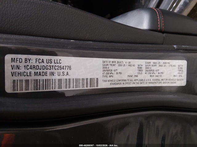46269387 :رقم المزاد ، 1C4RDJDG3TC264776 vin ، 2026 Dodge Durango Gt Awd مزاد بيع