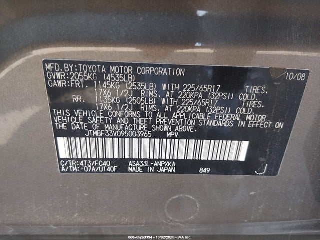 46269394 :رقم المزاد ، JTMBF33V095003965 vin ، 2009 Toyota Rav4 مزاد بيع