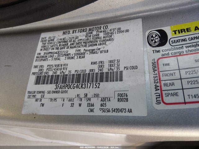Продаж на аукціоні авто 2012 Ford Fusion Sel, vin: 3FAHP0CG4CR317152, номер лоту: 46269396