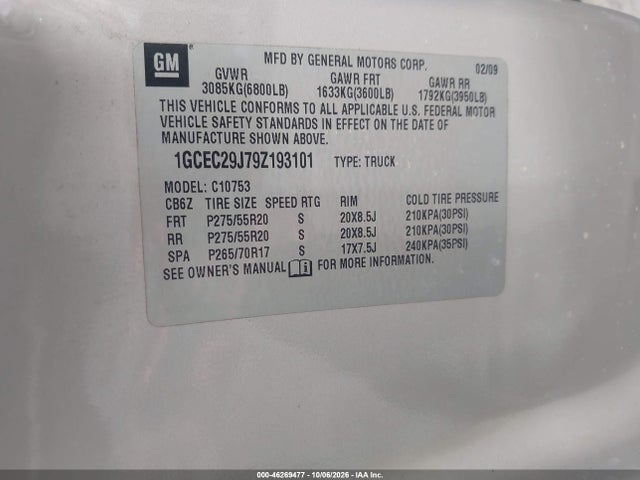 Aukcja sprzedaży 2009 Chevrolet Silverado 1500 Lt, vin: 1GCEC29J79Z193101, numer aukcji: 46269477