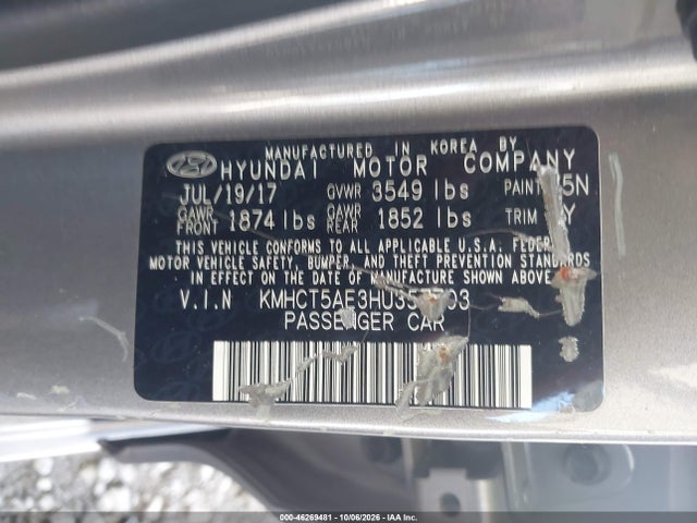 2017 Hyundai Accent Se მანქანა იყიდება აუქციონზე, vin: KMHCT5AE3HU357703, აუქციონის ნომერი: 46269481