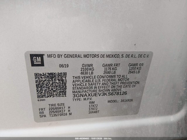 46269483 :رقم المزاد ، 3GNAXUEV3KS678126 vin ، 2019 Chevrolet Equinox Lt مزاد بيع