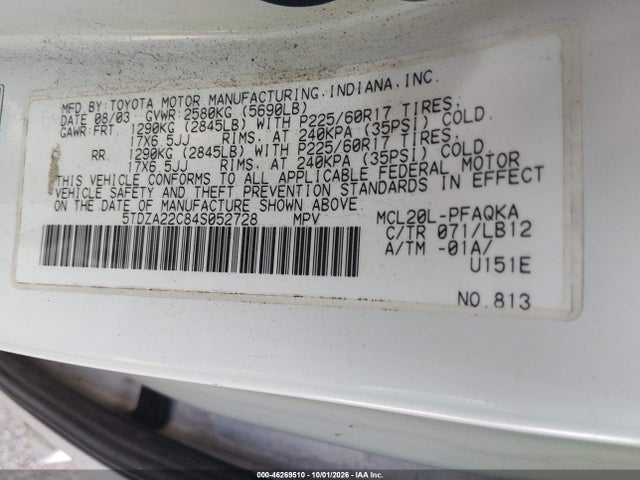 Продаж на аукціоні авто 2004 Toyota Sienna Xle, vin: 5TDZA22C84S052728, номер лоту: 46269510