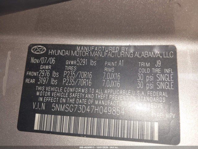 46269513 :رقم المزاد ، 5NMSG73D47H049854 vin ، 2007 Hyundai Santa Fe Gls مزاد بيع