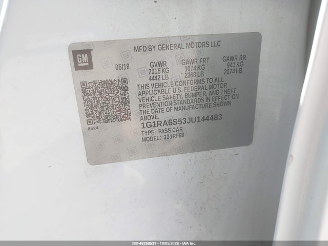Aukcja sprzedaży 2018 Chevrolet Volt Lt, vin: 1G1RA6S53JU144483, numer aukcji: 46269531