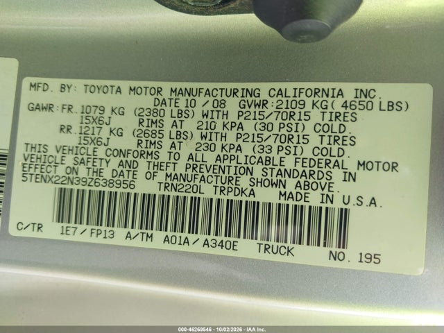 Продаж на аукціоні авто 2009 Toyota Tacoma, vin: 5TENX22N39Z638956, номер лоту: 46269546