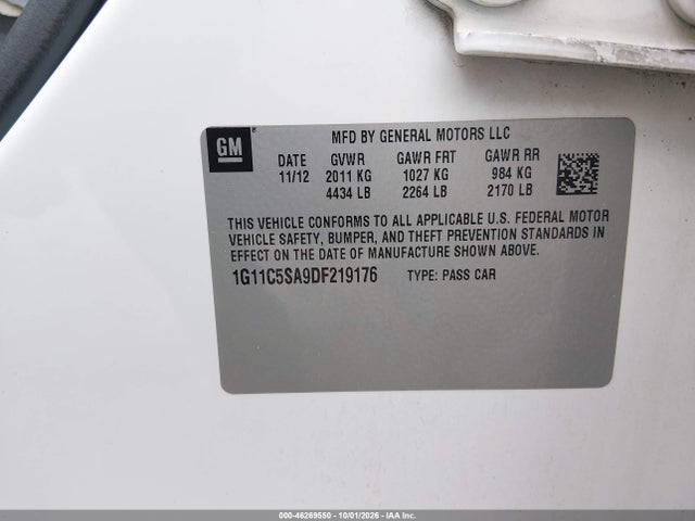 46269550 :رقم المزاد ، 1G11C5SA9DF219176 vin ، 2013 Chevrolet Malibu 1lt مزاد بيع