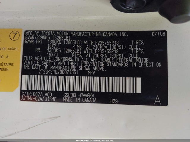 Aukcja sprzedaży 2009 Lexus Rx 350, vin: 2T2GK31U29C071551, numer aukcji: 46269602