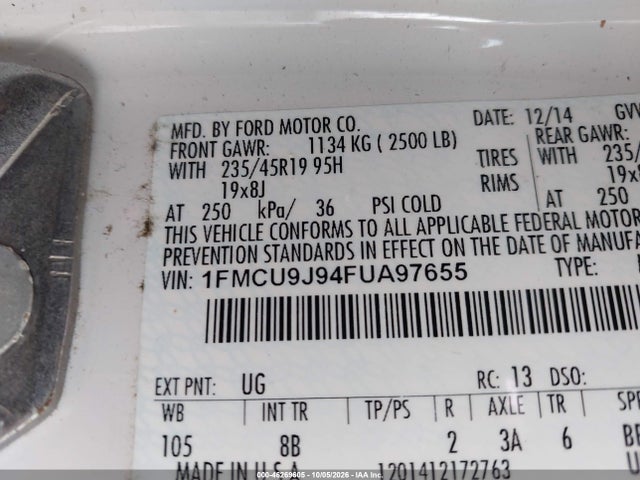 Продажа на аукционе авто 2015 Ford Escape Titanium, vin: 1FMCU9J94FUA97655, номер лота: 46269605