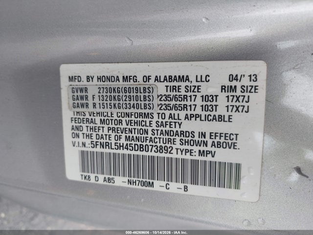 Продаж на аукціоні авто 2013 Honda Odyssey Ex, vin: 5FNRL5H45DB073892, номер лоту: 46269606