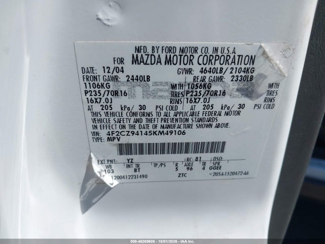 Aukcja sprzedaży 2005 Mazda Tribute S, vin: 4F2CZ94145KM49106, numer aukcji: 46269608