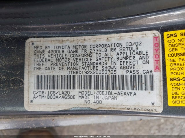 46269623 :رقم المزاد ، JTHBD192X20053765 vin ، 2002 Lexus Is 300 مزاد بيع