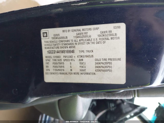 2001 Chevrolet S-10 Ls მანქანა იყიდება აუქციონზე, vin: 1GCCS195018101344, აუქციონის ნომერი: 46269624