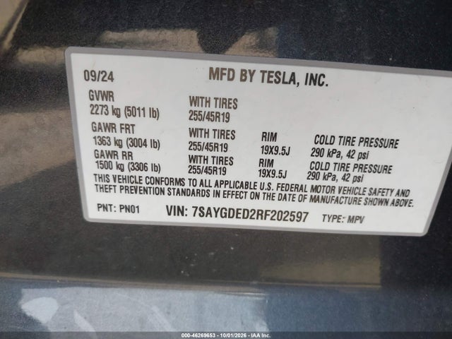 Auction sale of the 2024 Tesla Model Y Long Range Single Motor Rear-wheel Drive/rwd, vin: 7SAYGDED2RF202597, lot number: 46269653
